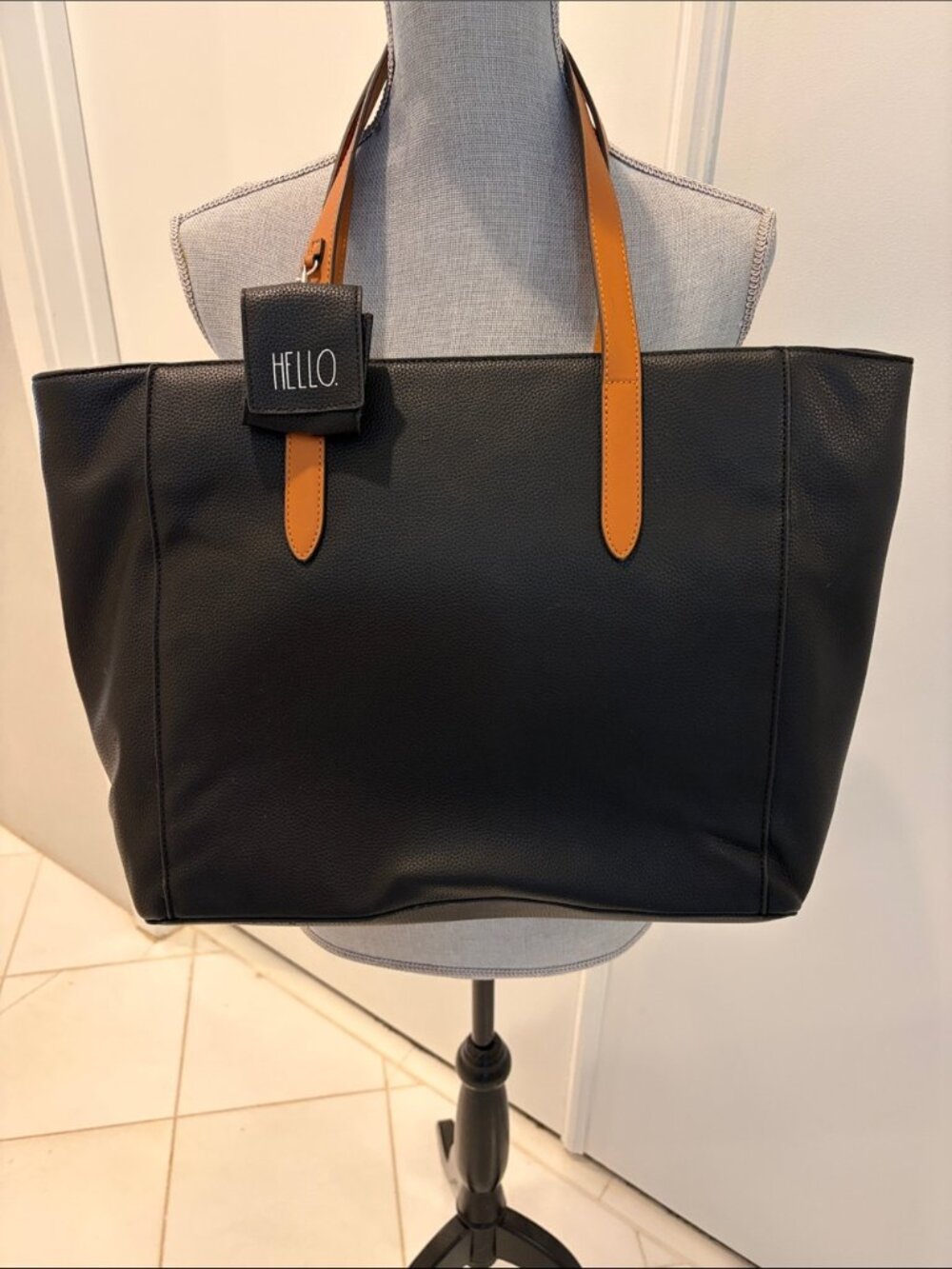Rae Dunn Black Tote with Brown Handles